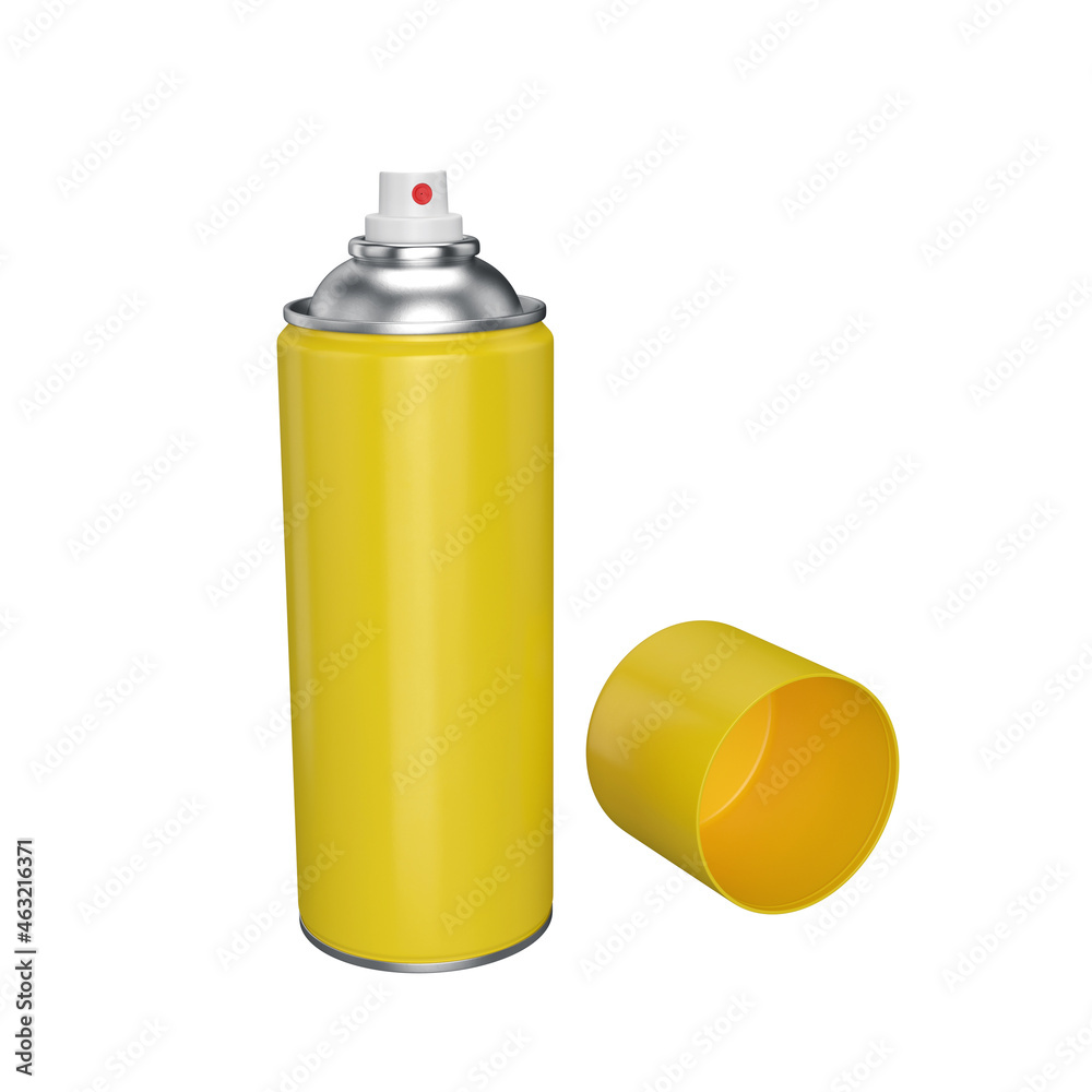 Yellow spray can with paint, open lid. on a white background, 3d render Yellow spray can with paint, open lid. on a white background, 3d render