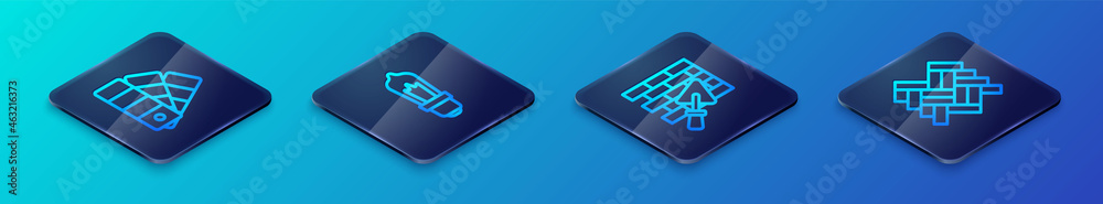 Set Isometric line Brick wall with trowel, Color palette guide, Parquet and Light bulb icon. Vector Set Isometric line Brick wall with trowel, Color palette guide, Parquet and Light bulb icon. Vector