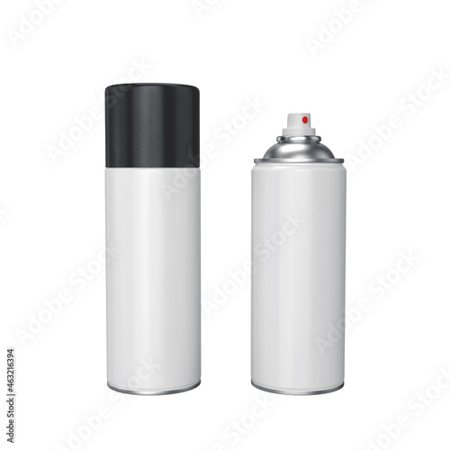 Black spray can with paint, open and closed lid. on a white background, 3d render