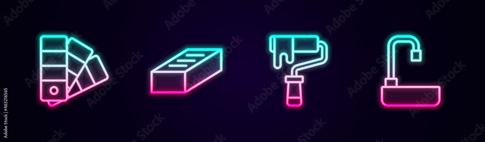 Set line Color palette guide, Brick, Paint roller brush and Washbasin. Glowing neon icon. Vector Set line Color palette guide, Brick, Paint roller brush and Washbasin. Glowing neon icon. Vector