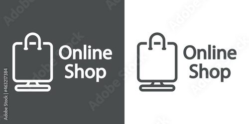 Logotipo con texto Online Shop con monitor de ordenador con forma de bolsa de la compra con lineas en fondo gris y fondo blanco