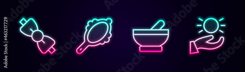 Set line Bow tie, Magic hand mirror, Witch cauldron and Ball levitating above. Glowing neon icon. Vector