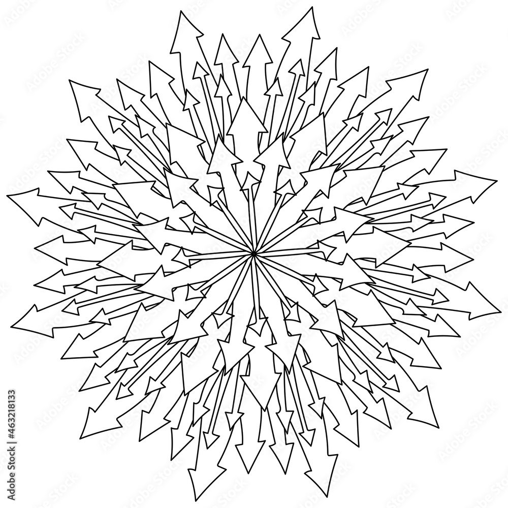 Contour mandala of arrows of various thickness, meditative coloring page of many arrows Contour mandala of arrows of various thickness, meditative coloring page of many arrows