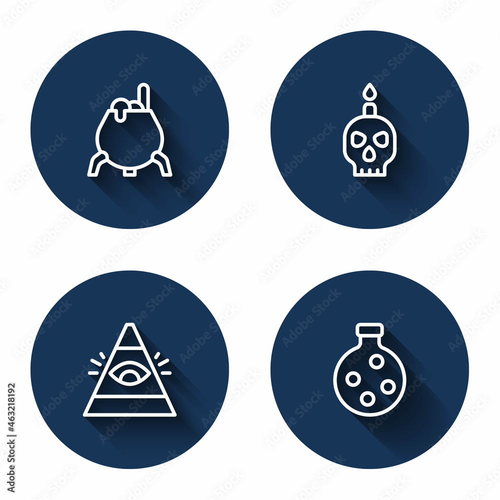 Set line Witch cauldron, Burning candle skull, All-seeing eye of God and Bottle with potion with long shadow. Blue circle button. Vector Set line Witch cauldron, Burning candle skull, All-seeing eye of God and Bottle with potion with long shadow. Blue circle button. Vector