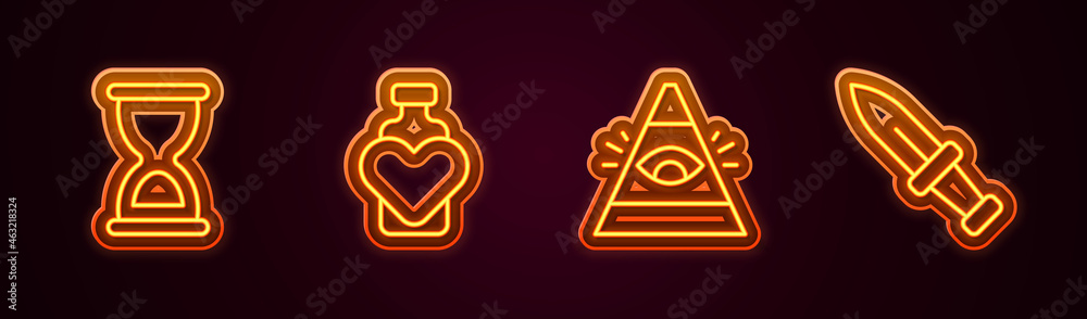 Set line Old hourglass, Bottle with love potion, All-seeing eye of God and Dagger. Glowing neon icon. Vector Set line Old hourglass, Bottle with love potion, All-seeing eye of God and Dagger. Glowing neon icon. Vector