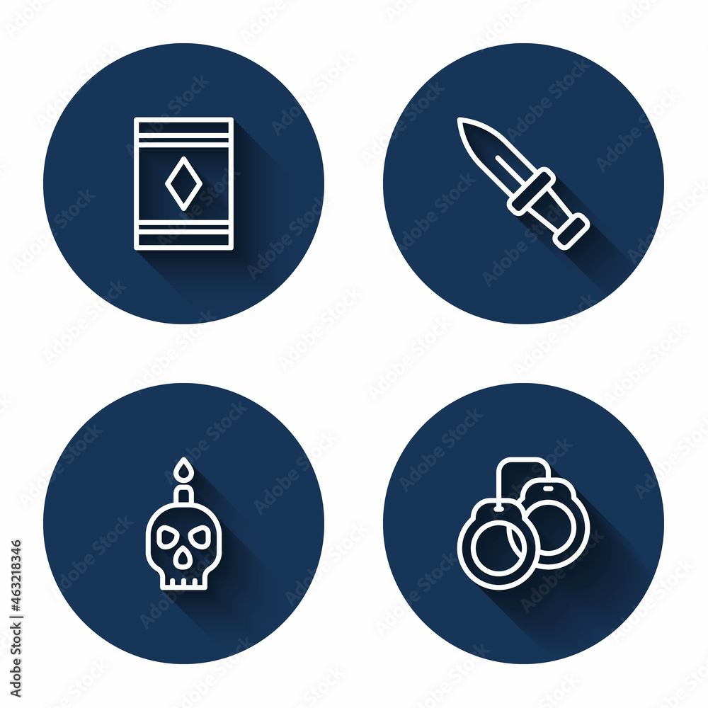 Set line Magic carpet, Dagger, Burning candle on skull and Handcuffs with long shadow. Blue circle button. Vector Set line Magic carpet, Dagger, Burning candle on skull and Handcuffs with long shadow. Blue circle button. Vector