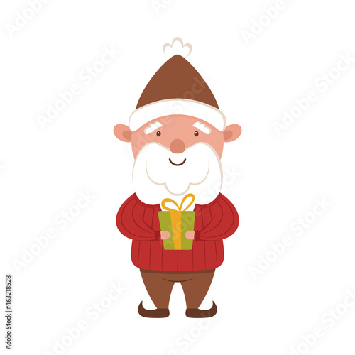 Little gnome gives a gift. Happy Santa helper in a cute winter hat and red sweater. Christmas elf makes a present. Holiday cartoon character for the New Year.