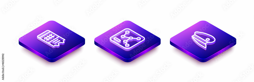 Set Isometric line Train ticket, Railway map and driver hat icon. Vector Set Isometric line Train ticket, Railway map and driver hat icon. Vector