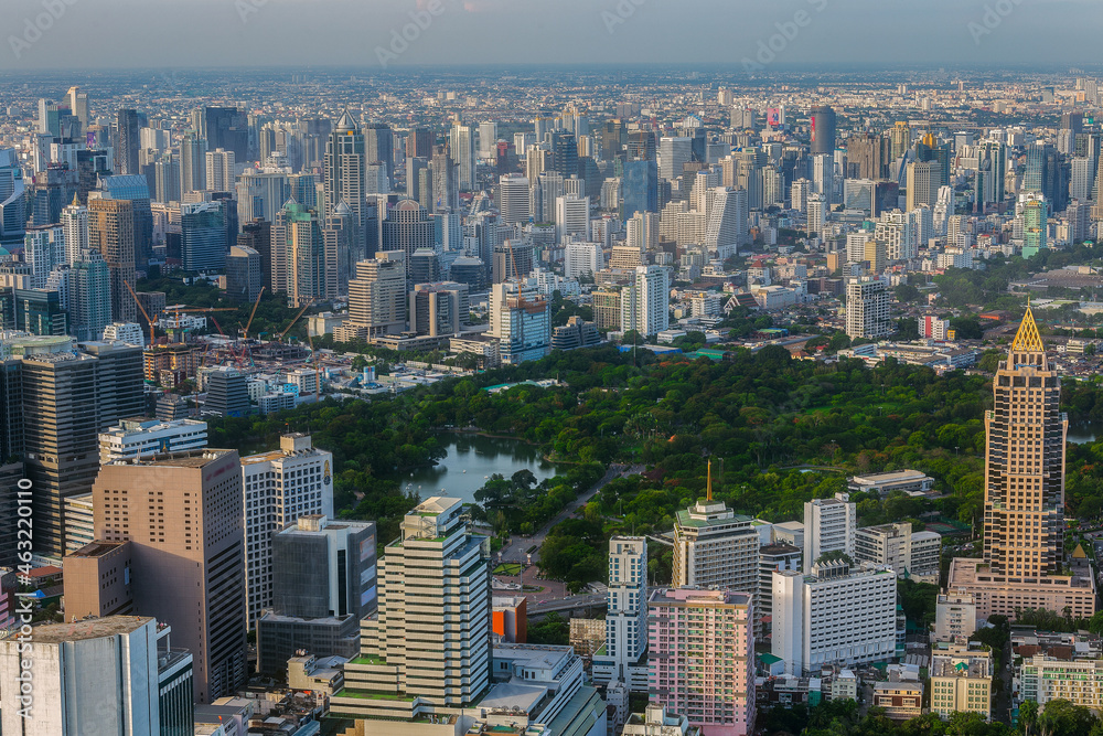 Obraz premium Aerial view of ฺBangkok or junction with cars traffic skyscraper buildings. Bangkok City in downtown at night, Thailand. 