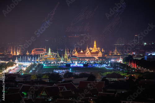Father Day (King's birthday) have Translator drone show in front of Grand Palace with many people at Sanam Luang, Bangkok Thailand 