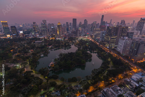 Aerial of Lumpini Park view of highway Road traffic in city at Bangkok thailand. 