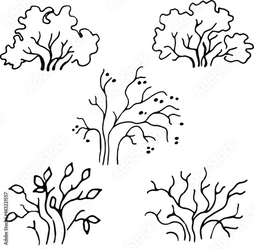Set of bushes. Contour pen, vector illustration