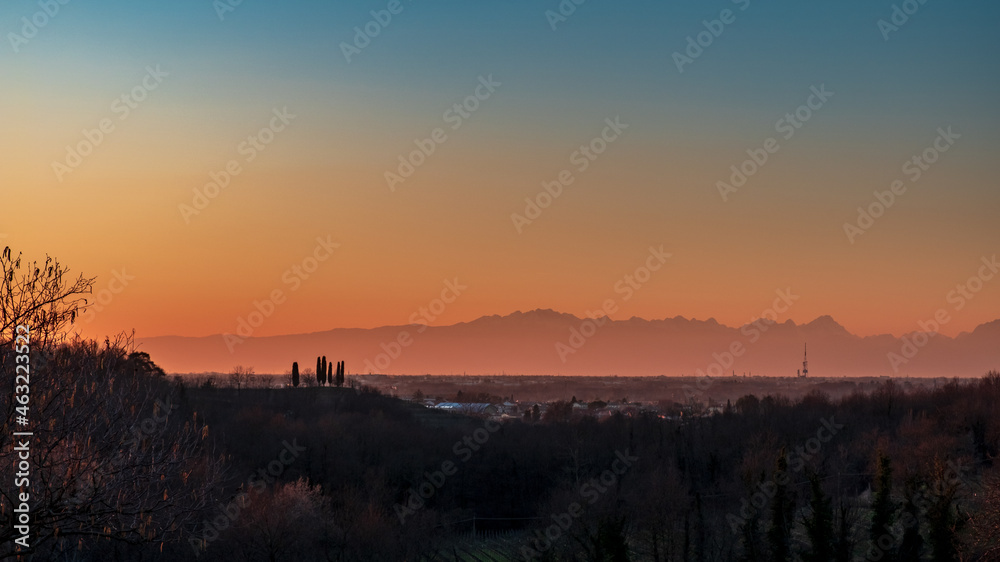 Winter sunset in the vineyards of Collio Friulano