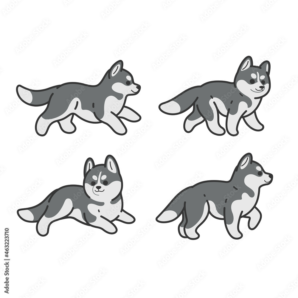 Cartoon husky dogs sketch line icon. Сute dog icons set. Childish print for nursery, kids apparel, poster, postcard, pattern.