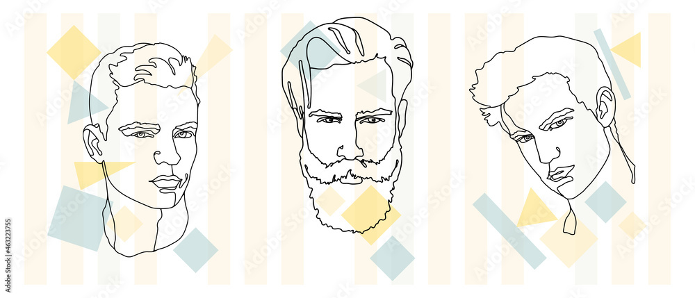 Fototapeta premium Set. Face line art 1, 2, 3. Man and geometry
