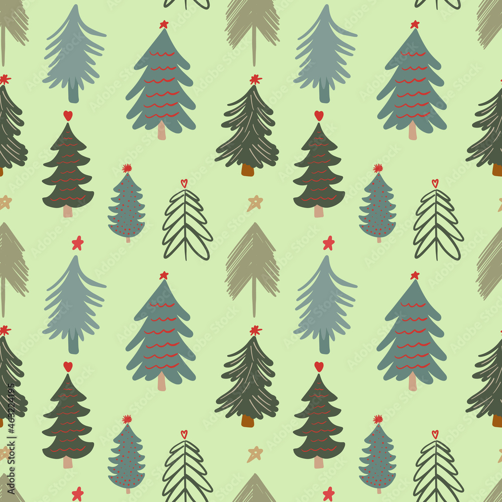 Cute winter season holiday childish seamless pattern with minimalist hand drawn various Christmas tree doodle. Beautiful New Year children naive background design, textile print