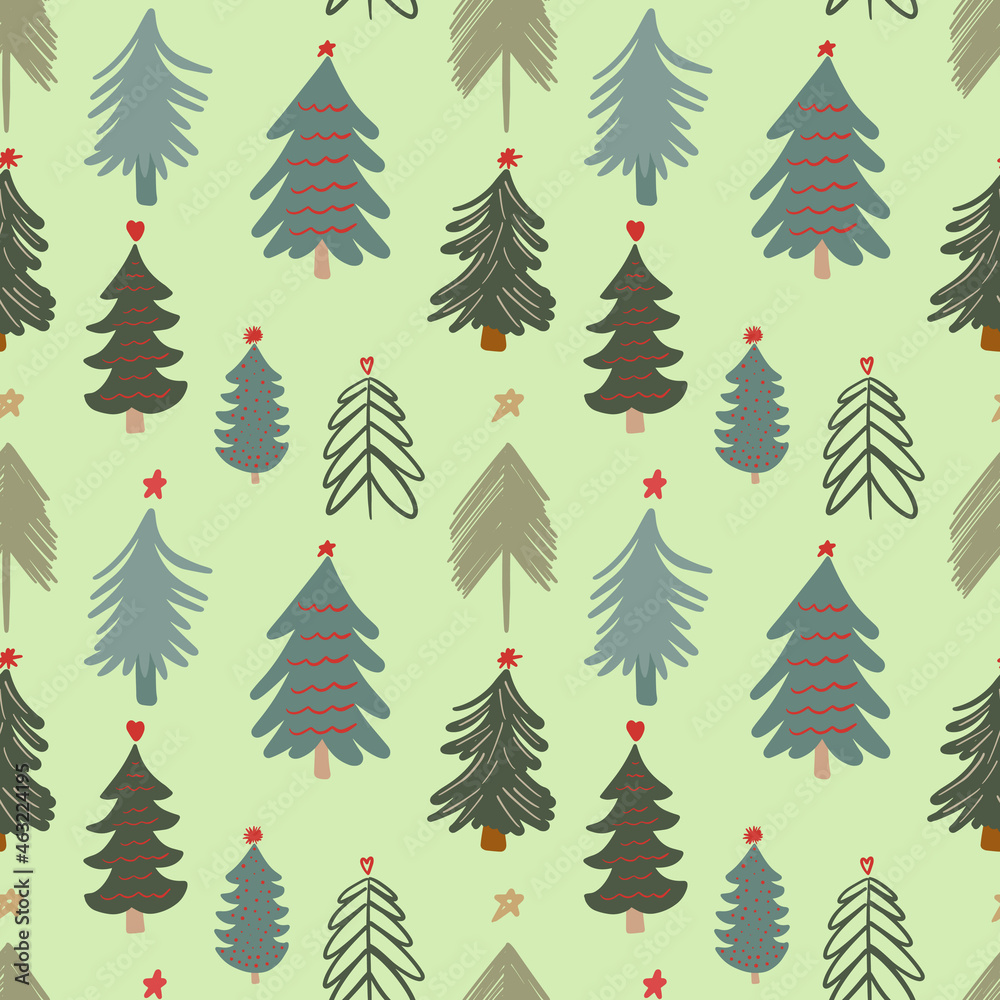 Obraz premium Cute winter season holiday childish seamless pattern with minimalist hand drawn various Christmas tree doodle. Beautiful New Year children naive background design, textile print