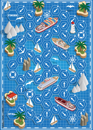 Board game on the sea theme. Isometric. Vector illustration.