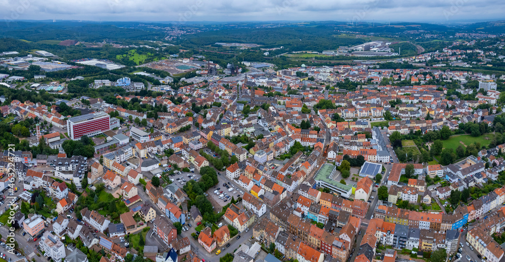 Aerial view around the city Neunkirchen in Germany on a cloudy day in summer