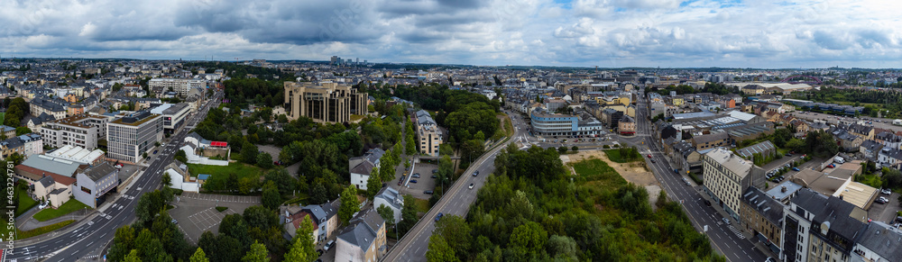 Aerial view around the City Luxembourg on a cloudy day in Summer.