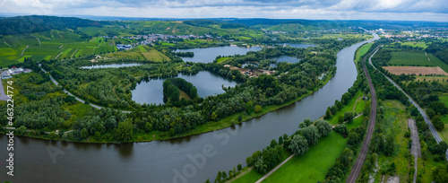Aerial view around the Village Remerschen between Germany and Luxembourg and the moselle river
