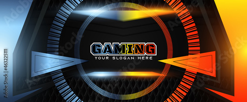 Futuristic light gradient gaming banner design with metal technology concept. Vector illustration for business corporate promotion, game header social media, live streaming background