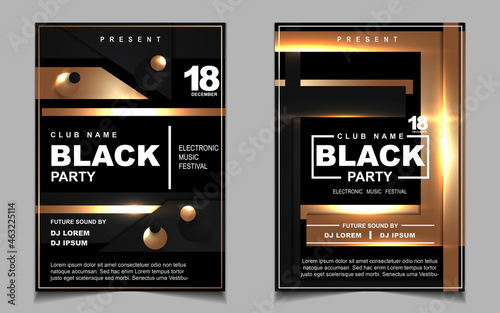 Cover music poster flyer design template background with layout gold glitters color on dark style. Light electro vector for event festival concert, dancing, disco, night club invitation