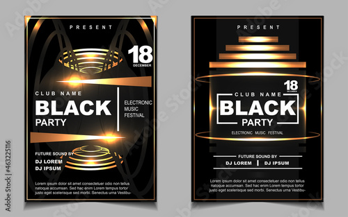 Cover music poster flyer design template background with layout gold glitters color on dark style. Light electro vector for event festival concert, dancing, disco, night club invitation