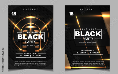 Cover music poster flyer design template background with layout gold glitters color on dark style. Light electro vector for event festival concert, dancing, disco, night club invitation
