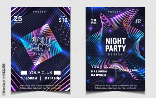 Cover music poster flyer design template background with layout colorful on dark blue glitters style. Light electro vector for event festival concert, dancing, disco, night club invitation