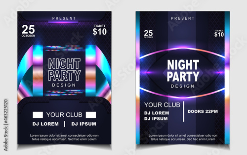 Cover music poster flyer design template background with layout colorful on dark blue glitters style. Light electro vector for event festival concert, dancing, disco, night club invitation