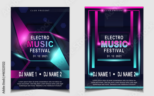 Cover music poster flyer design template background with layout colorful on dark blue glitters style. Light electro vector for event festival concert, dancing, disco, night club invitation