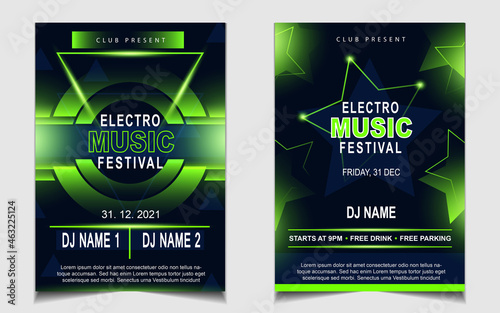 Cover music poster flyer design template background with layout color on dark glitters style. Light electro vector for event festival concert, dancing, disco, night club invitation