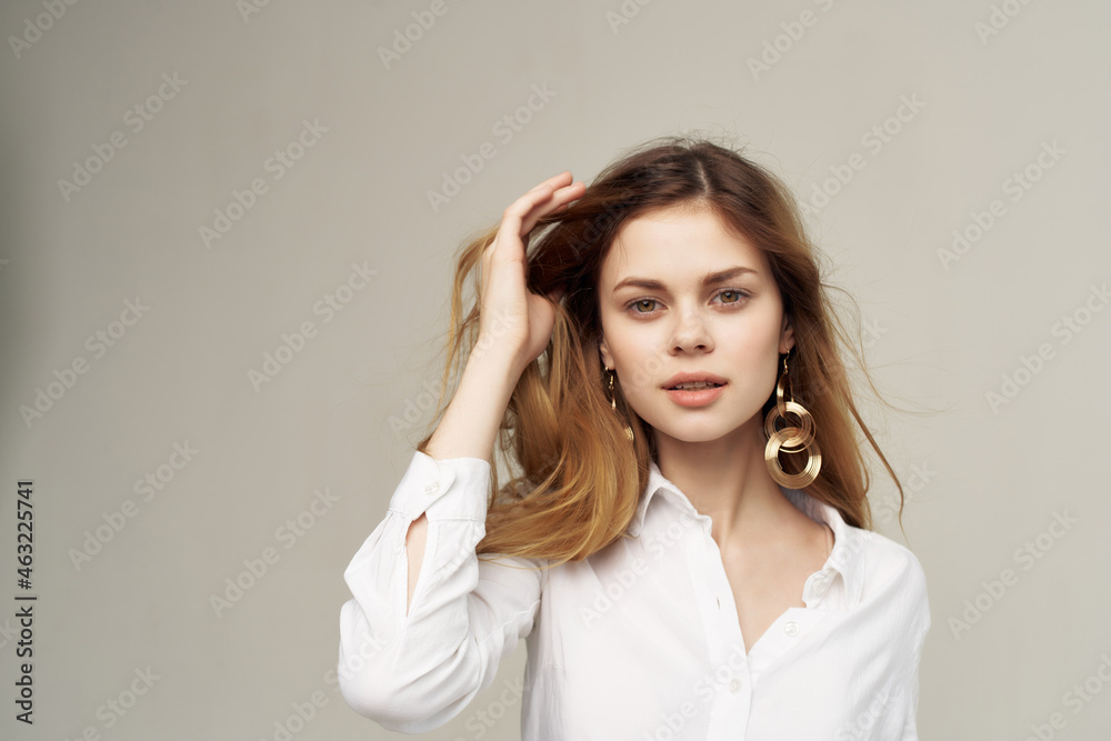 cheerful pretty woman hairstyle decoration posing studio cheerful pretty woman hairstyle decoration posing studio