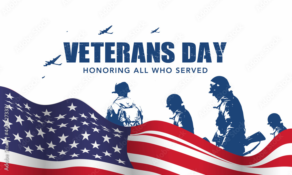 Veteran's day poster.Honoring all who served. Veteran's day illustration with american flag and soldiers - obrazy, fototapety, plakaty 