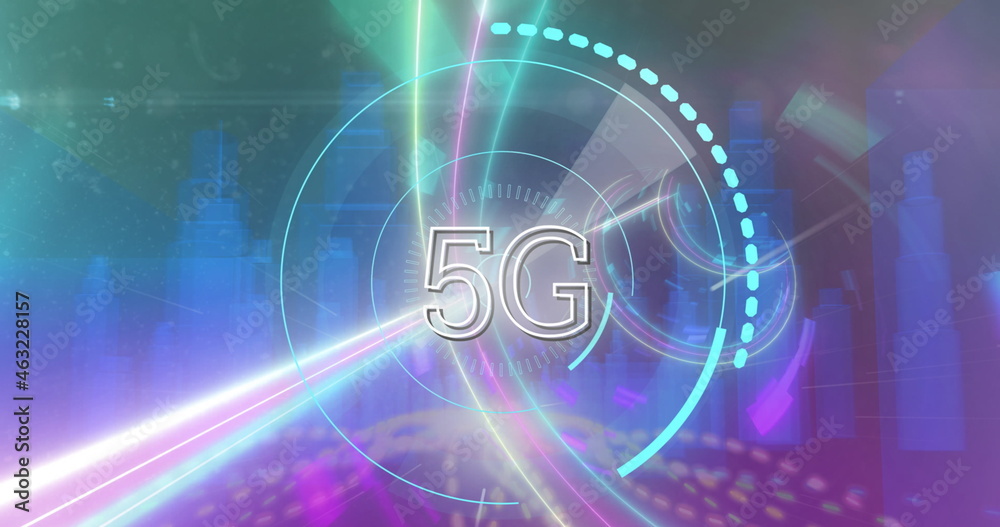 5G text over glowing tunnel against 3D city model