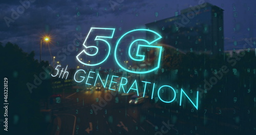 Image of 5g 5th generation text flickering over cityscape in background