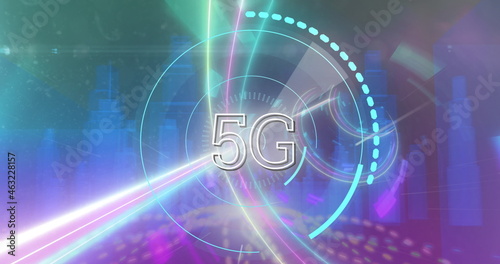 5G text over glowing tunnel against 3D city model