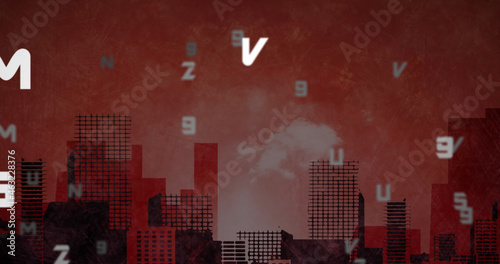 Image of falling numbers and letters over cityscape