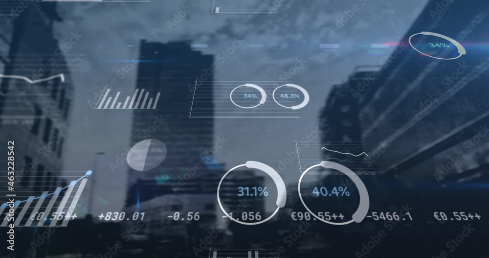 Financial and statistical data processing against tall buildings in background Financial and statistical data processing against tall buildings in background