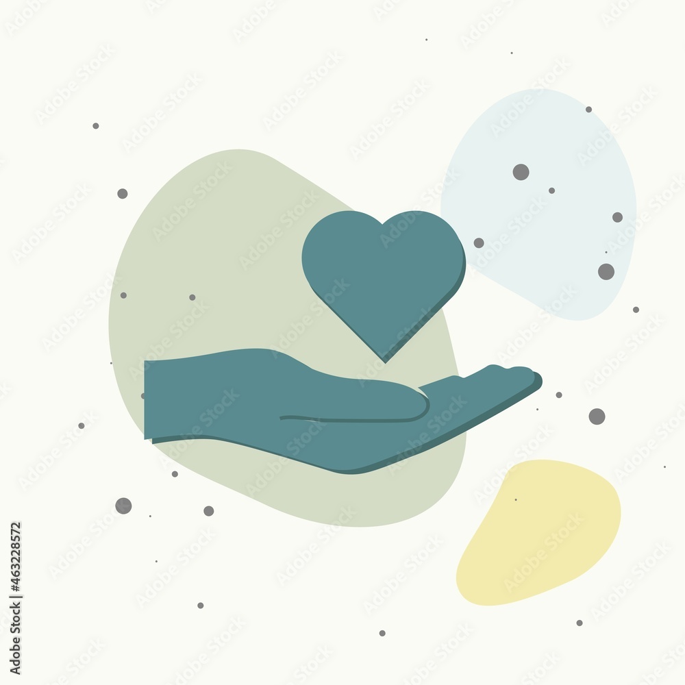 Vector icon of a hand holding a heart. Flat design of the hand and heart on multicolored background. Vector icon of a hand holding a heart. Flat design of the hand and heart on multicolored background.