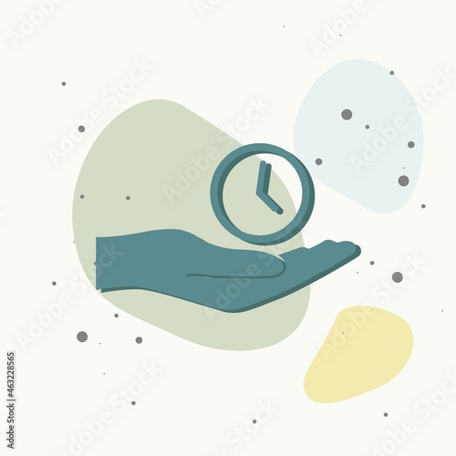 Vector icon hand holding a coin. Flat hand design and money on multicolored background.