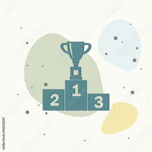 Vector  illustration of a winner's podium with a cup standing in the first place. The winner's cup and the winner's podium with the first and third places on multicolored background.