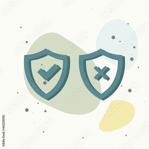 Vector illustration set of green shield with tick and cross. Symbol of protection and reliability on multicolored background.