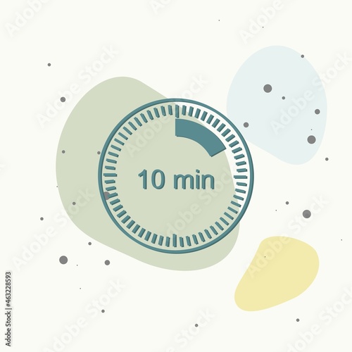 A clock icon indicating the time span of 10 minutes. The time span is ten minutes on the clock on multicolored background.