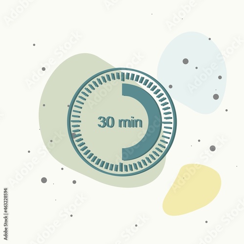 A clock icon indicating a time interval of 30 minutes. thirty minutes on the clock on multicolored background.