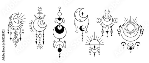 Set of back esoteric symbol with crescent, star and sun. Contour space sacred decoration. Vector outline magic elements for card, tattoo and sticker. Witchcraft ornament.