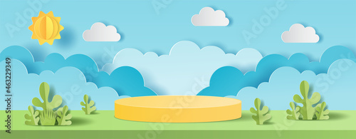 3D paper cut of Summer season on green nature landscape, sun and clouds on blue sky background with circular stage podium. Vector illustration