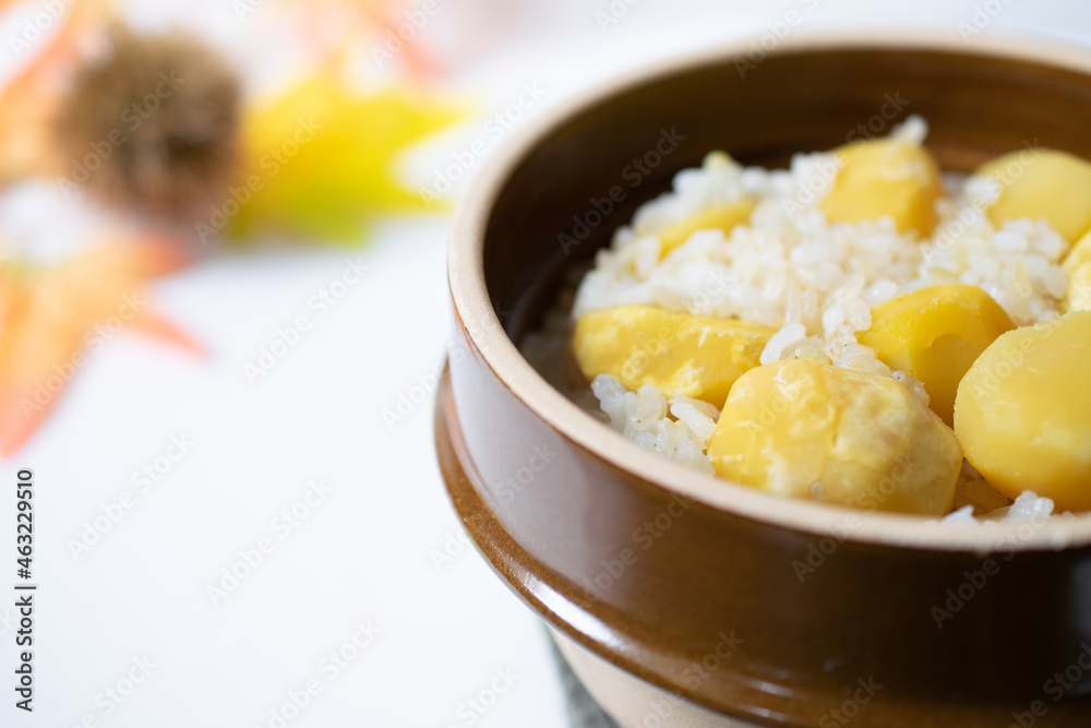 秋の味覚、栗ご飯のクローズアップ