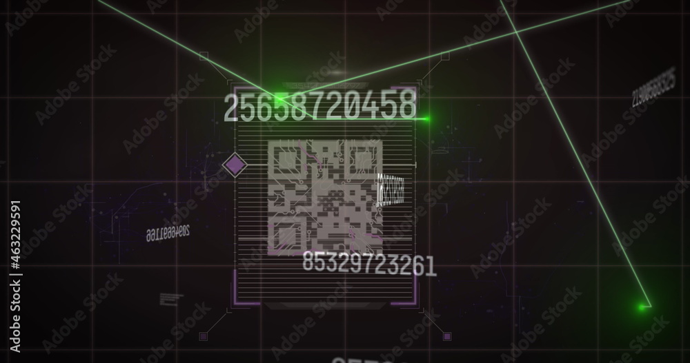 Light trails and multiple changing numbers over qr code scanner against black background